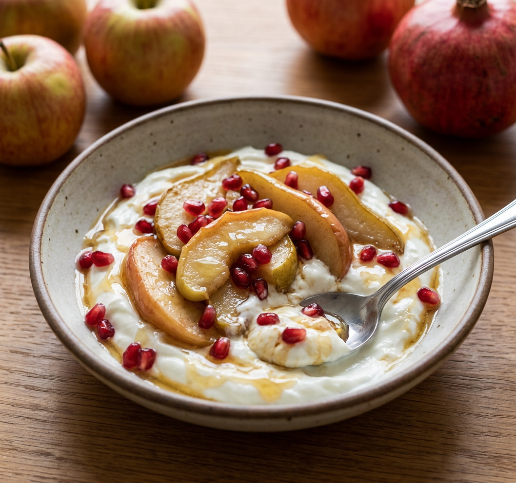 Coconut yogurt bowl with baked spiced pear, pomegranate and honey