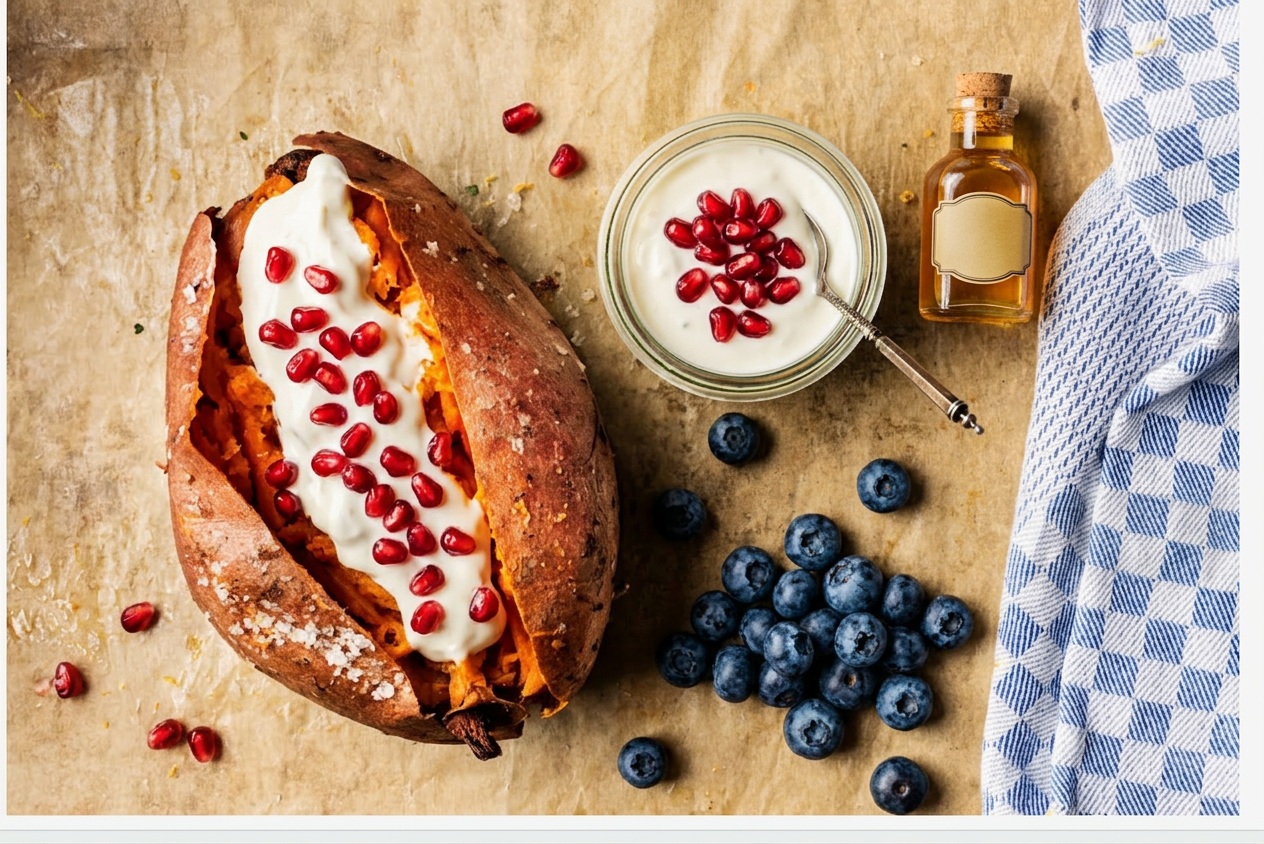 Baked sweet potato split open with coconut yogurt and pomegranate seeds