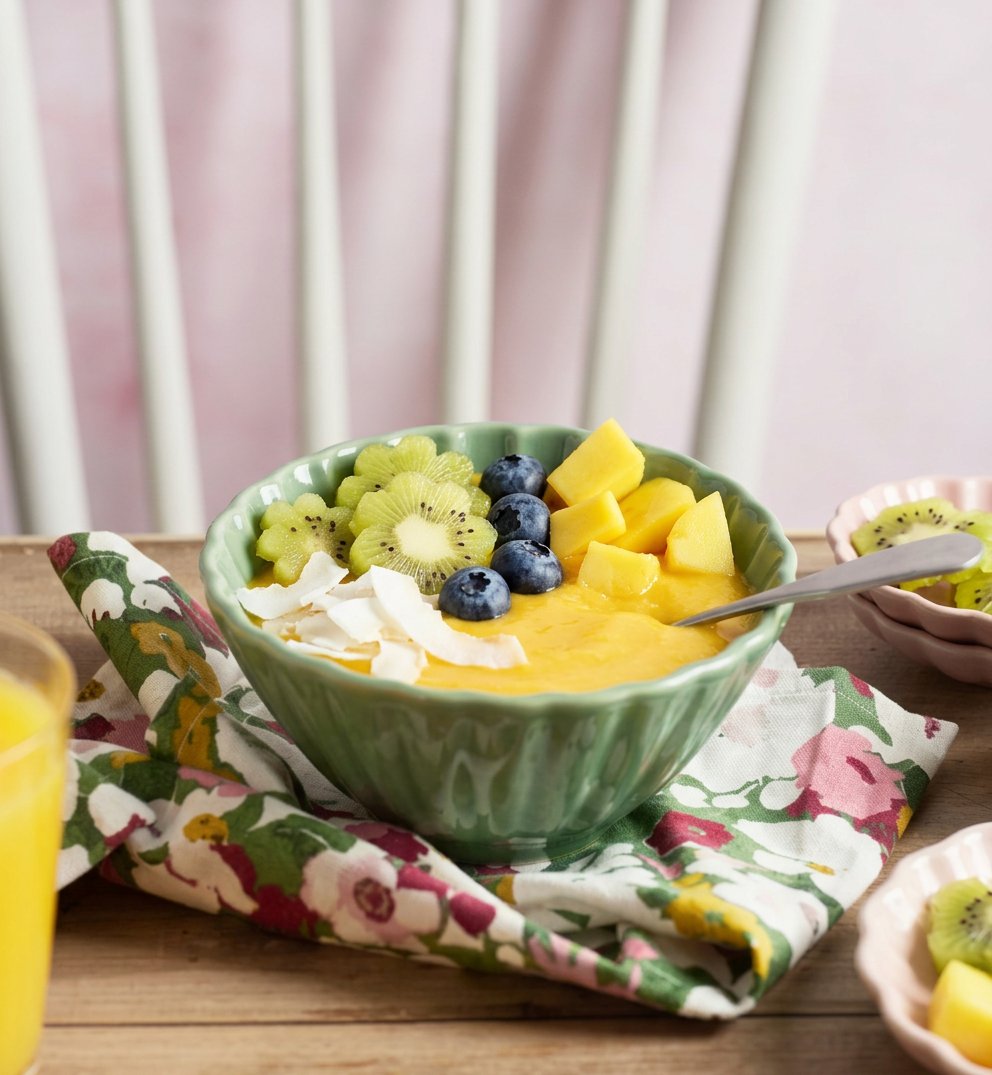 Tropical mango smoothie bowl with kiwi, blueberries and coconut flakes