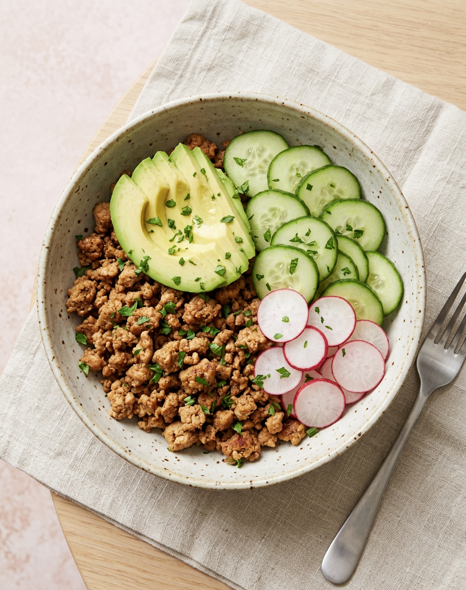 Seasoned turkey mince breakfast bowl with avocado, cucumber and radish